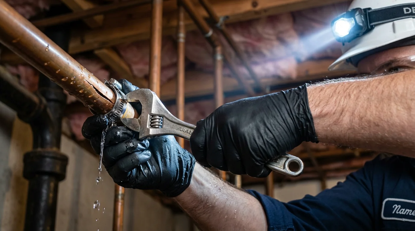 Emergency pipe clamp repair being performed by a Johns Plumbing LLC plumber in Junction City
