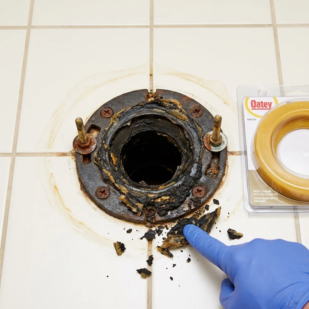 Failed wax ring showing water seepage at the base of a toilet in a Junction City, OR home