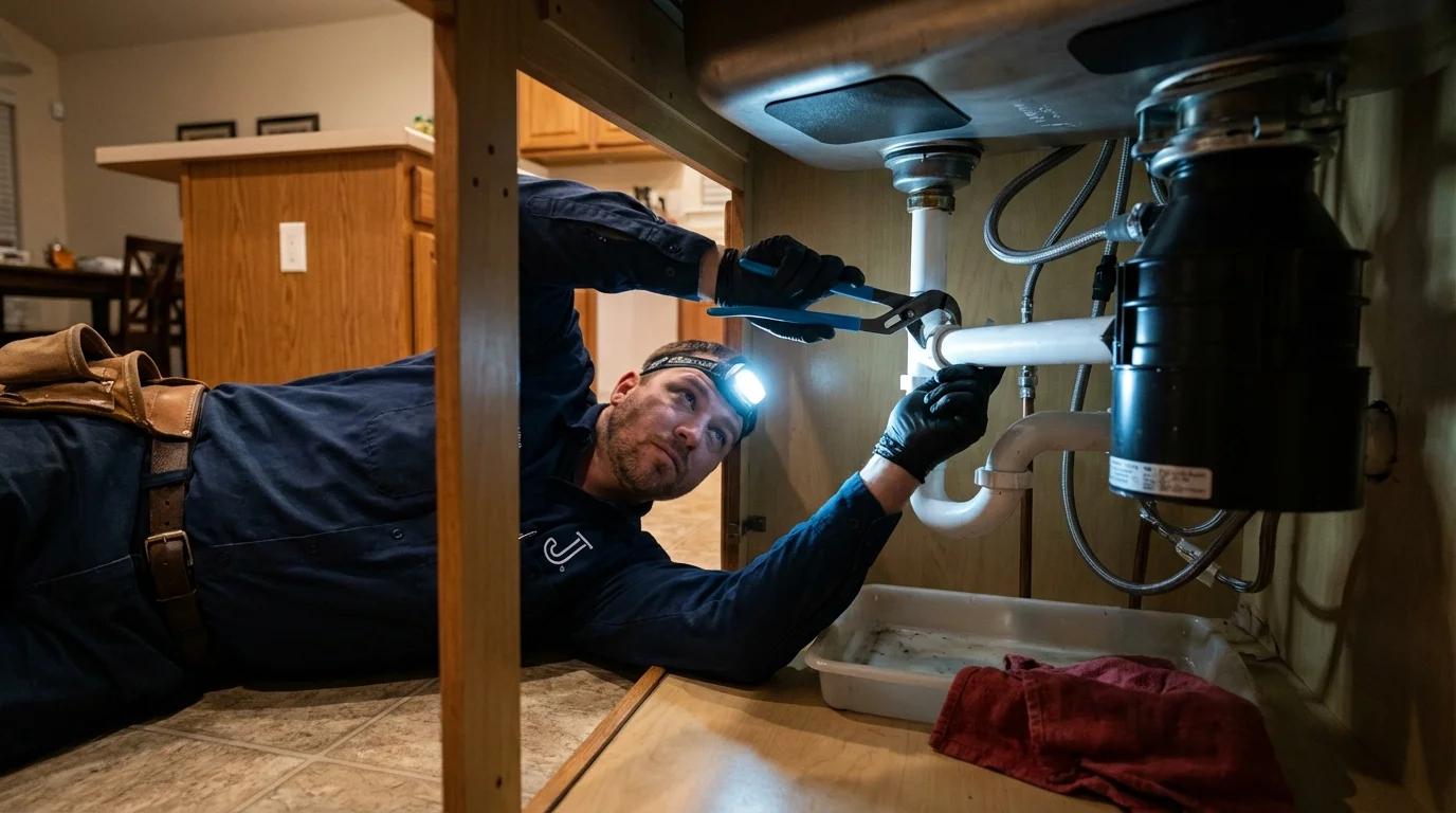 P-trap and supply line connections under a kitchen sink showing a common leak point in Junction City, OR